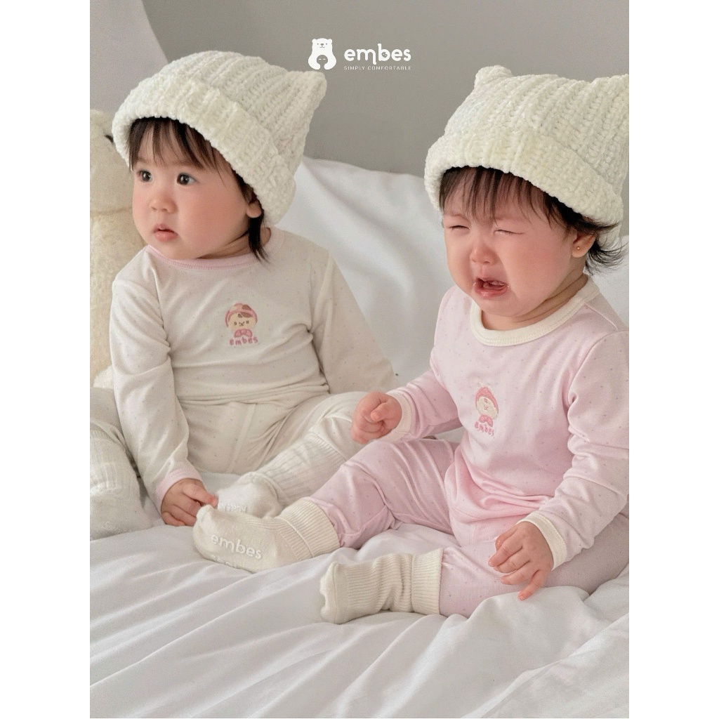 Bộ Dài Tay Bé Gái Embes, Bộ Dài Tay Họa Tiết Chấm Bi Thêu Hình Chất Lycocell Cho Bé Gái Từ 8-18kg