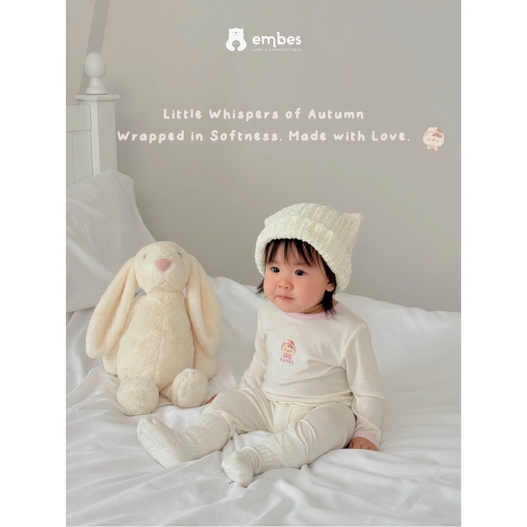 Bộ Dài Tay Bé Gái Embes, Bộ Dài Tay Họa Tiết Chấm Bi Thêu Hình Chất Lycocell Cho Bé Gái Từ 8-18kg