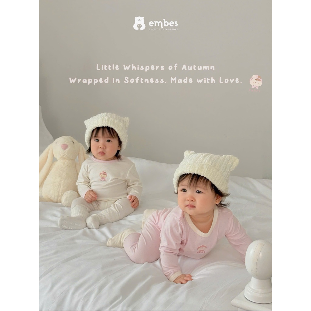 Bộ Dài Tay Bé Gái Embes, Bộ Dài Tay Họa Tiết Chấm Bi Thêu Hình Chất Lycocell Cho Bé Gái Từ 8-18kg