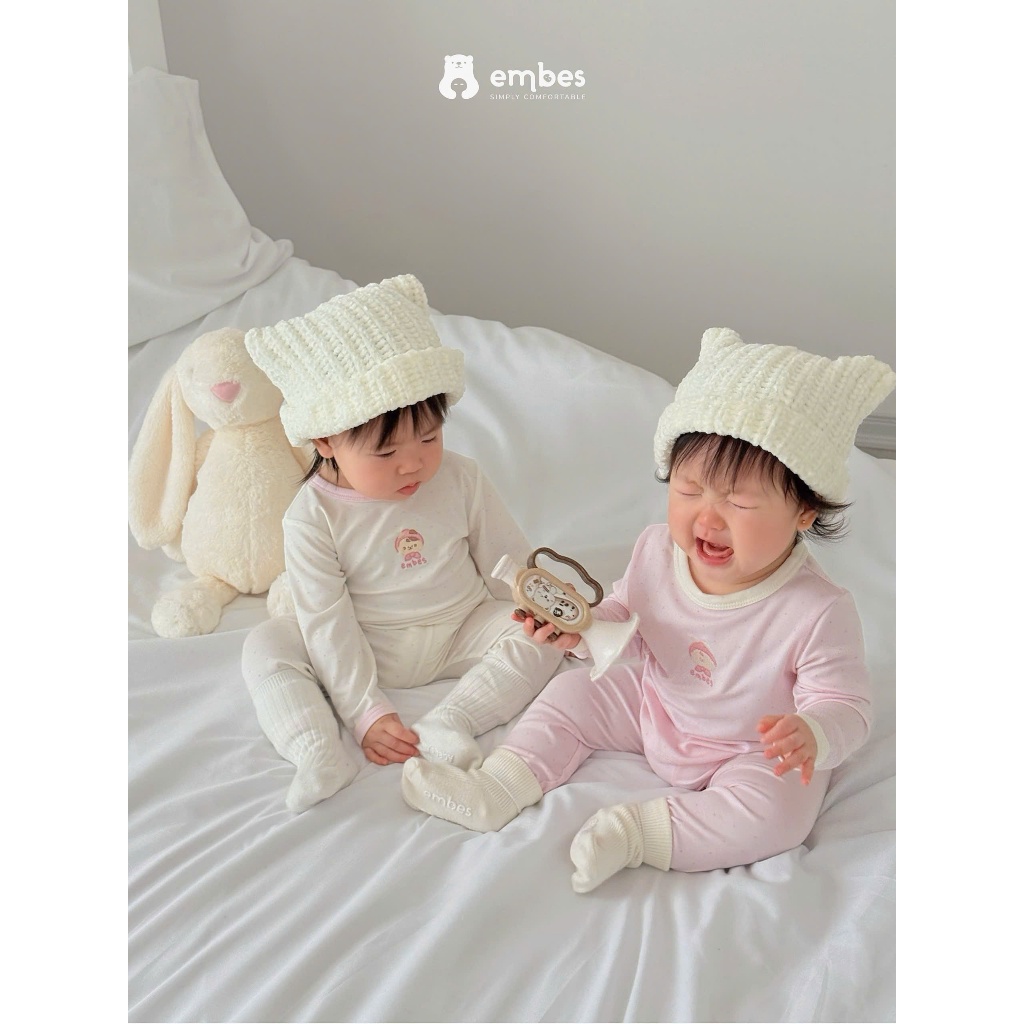 Bộ Dài Tay Bé Gái Embes, Bộ Dài Tay Họa Tiết Chấm Bi Thêu Hình Chất Lycocell Cho Bé Gái Từ 8-18kg