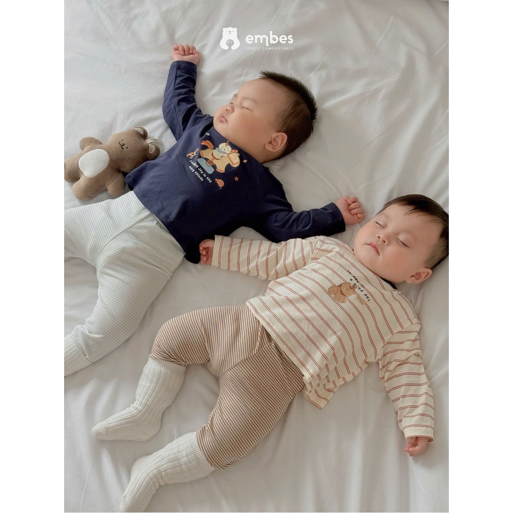 Áo Dài Tay Cho Bé Embes, Áo Thun Dài Tay Ngực In Họa Tiết Chất Cotton Cho Bé Trai Bé Gái Từ 8-18kg