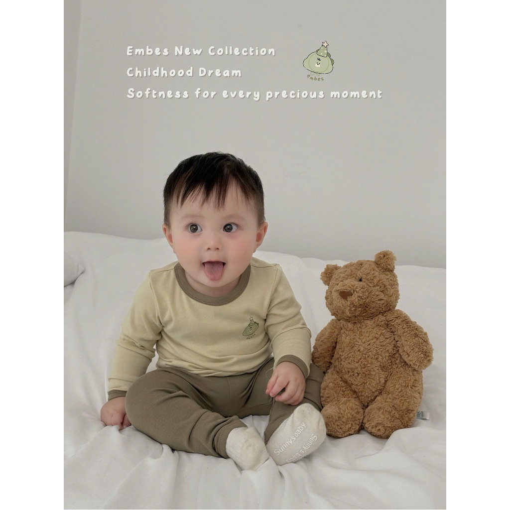 Đồ Bộ Cho Bé Trai Embes, Bộ Thu Đông Dài Tay Phối Màu Chất Cotton Mềm Mại Cho Bé Trai Size Từ 8-18kg