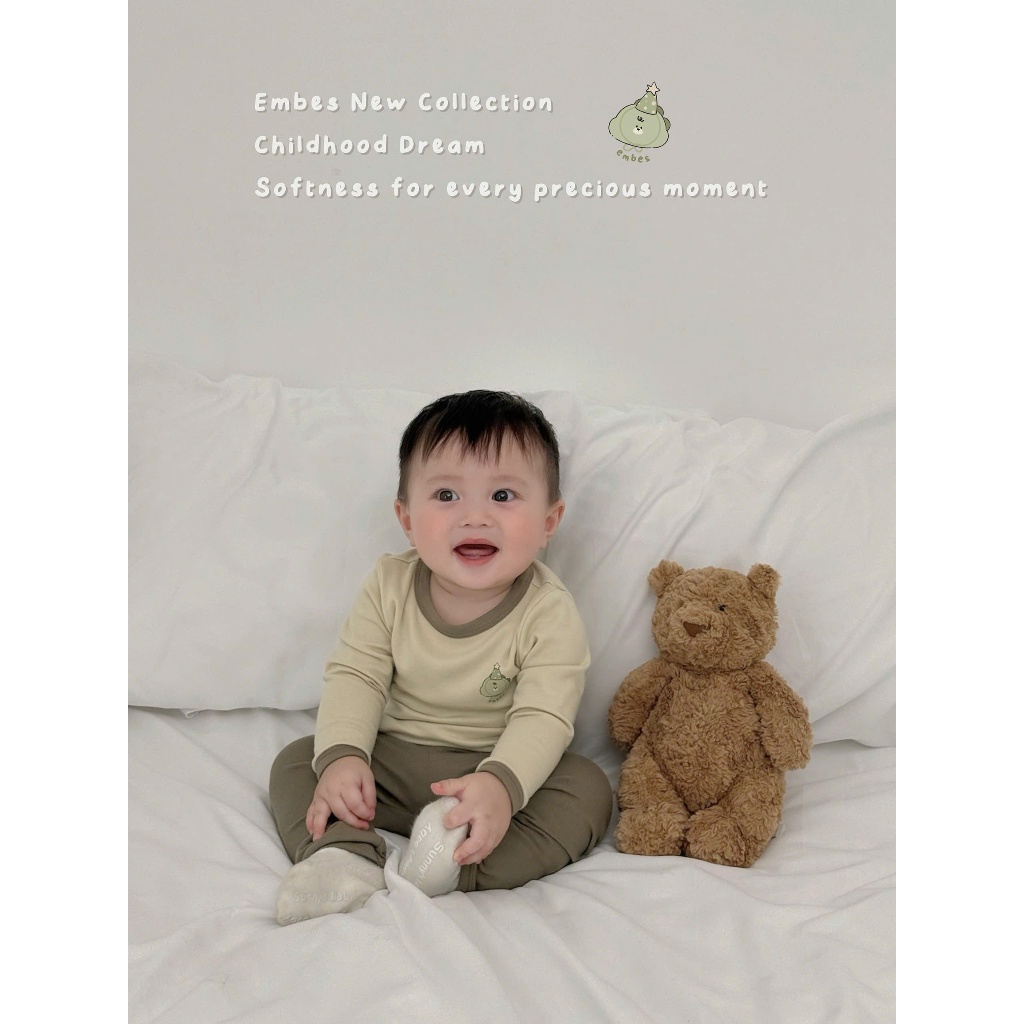 Đồ Bộ Cho Bé Trai Embes, Bộ Thu Đông Dài Tay Phối Màu Chất Cotton Mềm Mại Cho Bé Trai Size Từ 8-18kg