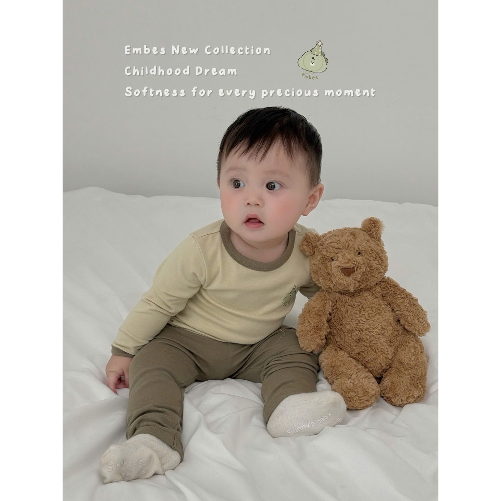 Đồ Bộ Cho Bé Trai Embes, Bộ Thu Đông Dài Tay Phối Màu Chất Cotton Mềm Mại Cho Bé Trai Size Từ 8-18kg