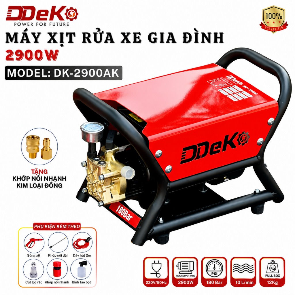 Máy xịt rửa xe gia đình DEKO DK-2900AK, Công suất 2900W, Lưu lượng 10L/p, Áp lực nước 120~180Bar