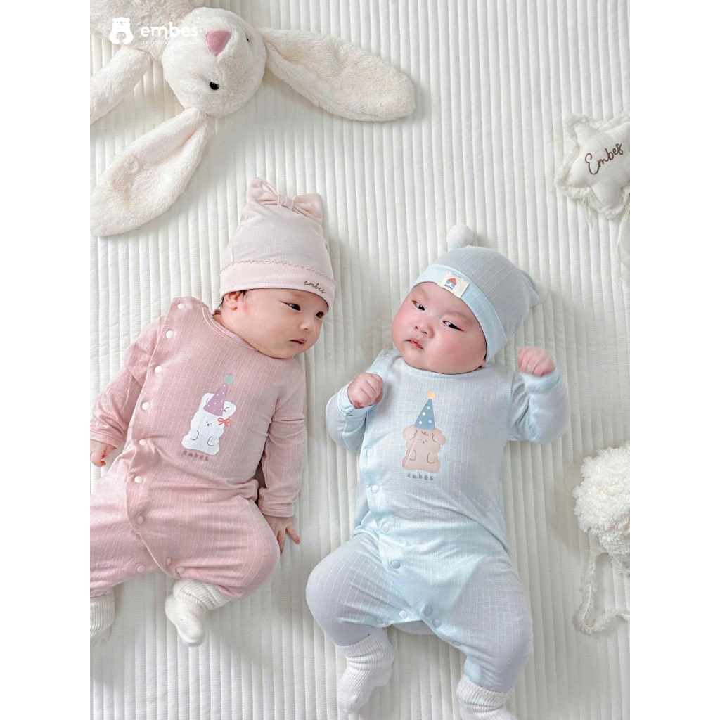 Body Sơ Sinh Embes, Body Dài Tay Cài Chéo In Họa Tiết Chất Bamboo Mềm Mại Cho Bé Sơ Sinh Từ 0-9Tháng