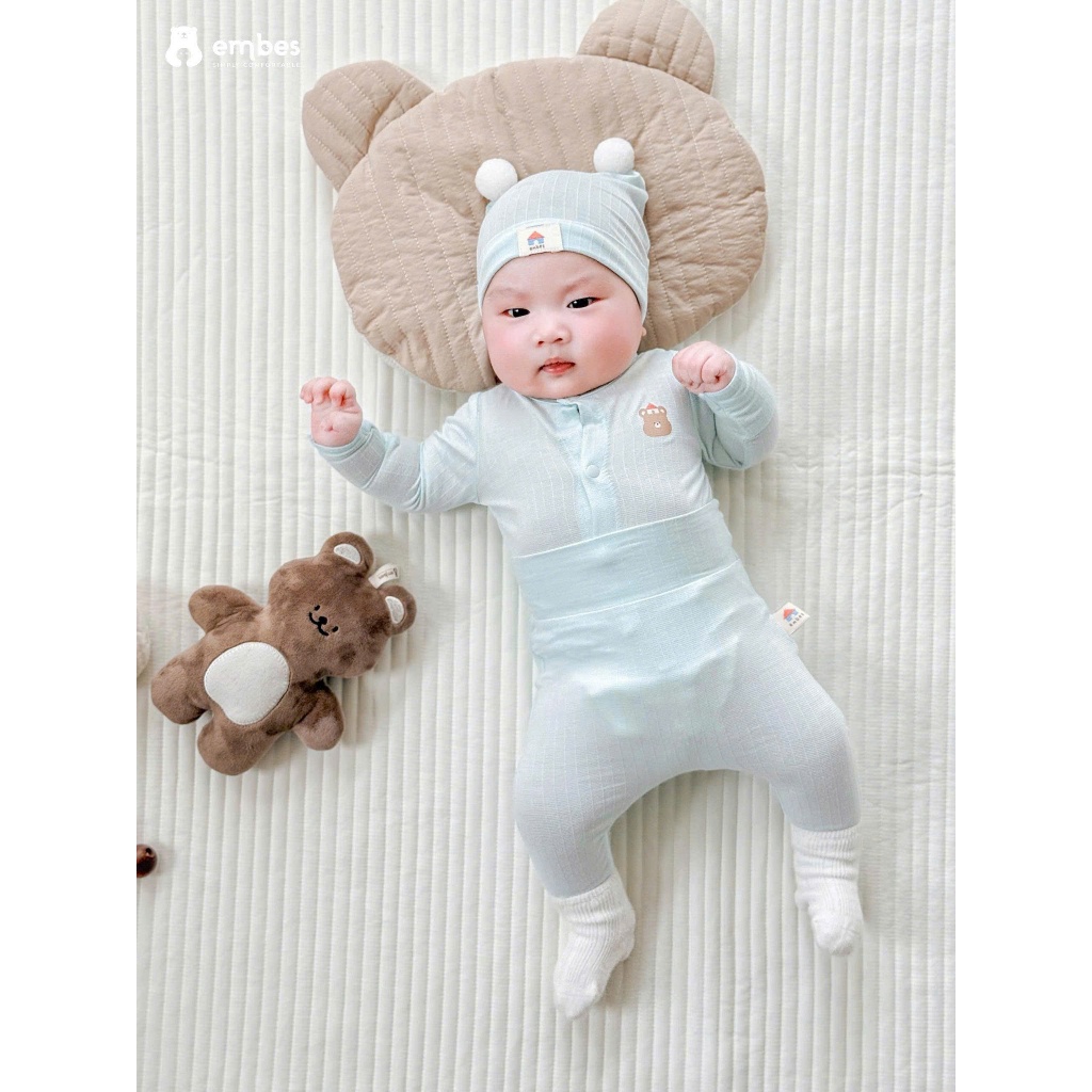 Bộ Sơ Sinh Embes, Bộ Dài Tay Sơ Sinh Cài Thẳng Kèm Mũ Chất Bamboo Mềm Mát Cho Bé Sơ Sinh Từ 0-3Tháng