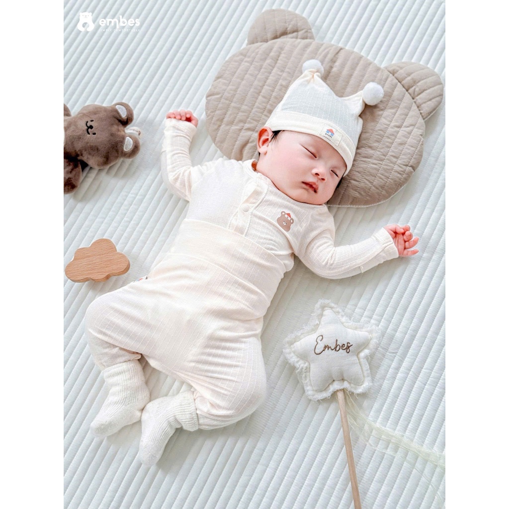 Bộ Sơ Sinh Embes, Bộ Dài Tay Sơ Sinh Cài Thẳng Kèm Mũ Chất Bamboo Mềm Mát Cho Bé Sơ Sinh Từ 0-3Tháng