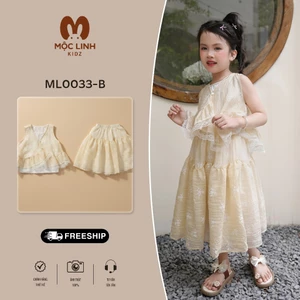 Set bộ bé gái áo váy 2 màu be & xanh, vải tơ nhăn, từ 8-37kg