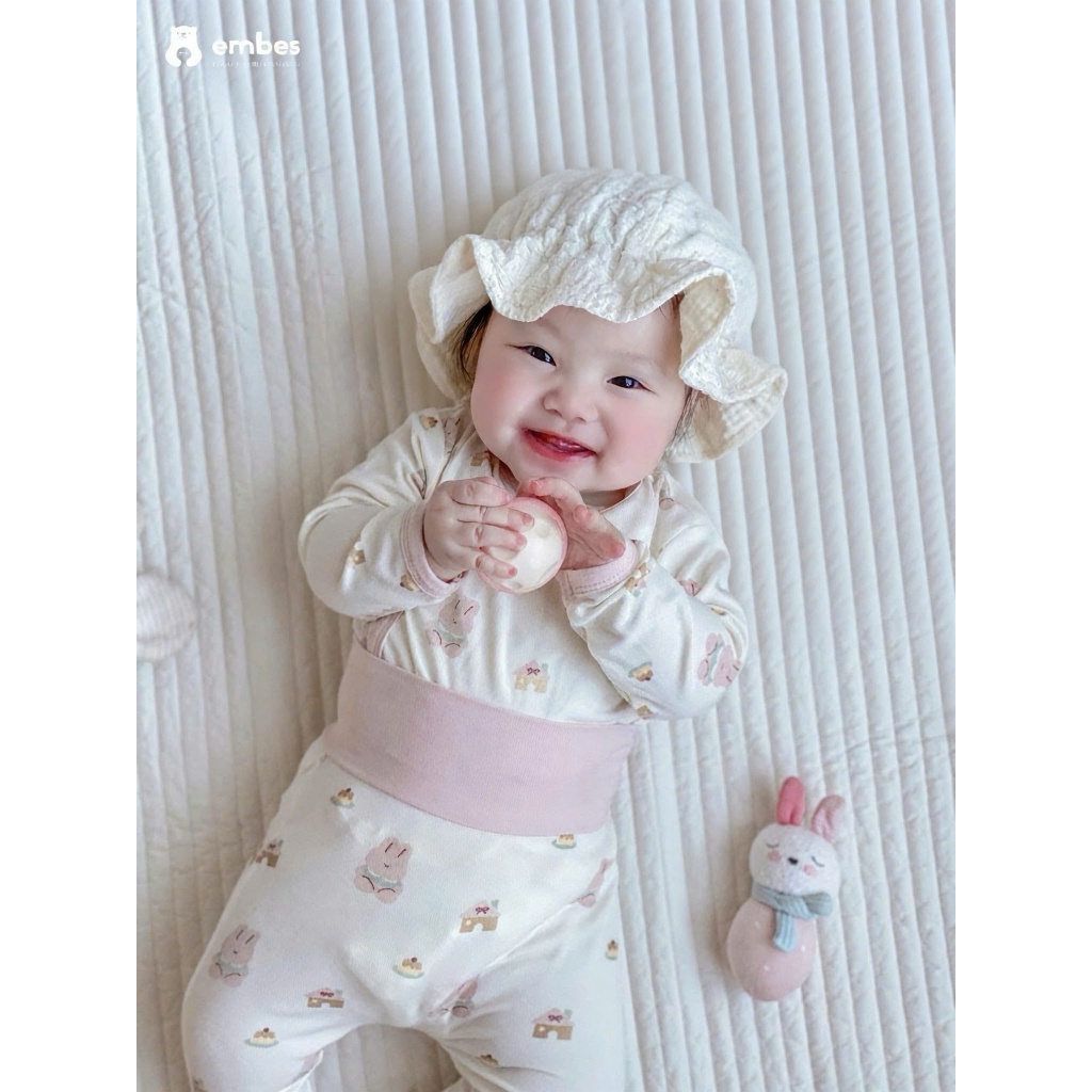 Bộ Sơ Sinh Embes, Bộ Dài Tay Cài Chéo Họa Tiết In Tràn Chất Viscose Mềm Cho Bé Sơ Sinh Từ 0-9Tháng