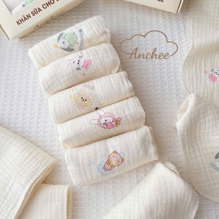 Hộp 5 khăn sữa 4 lớp xô Muslin Anchee, thấm hút tốt, siêu mềm cho bé