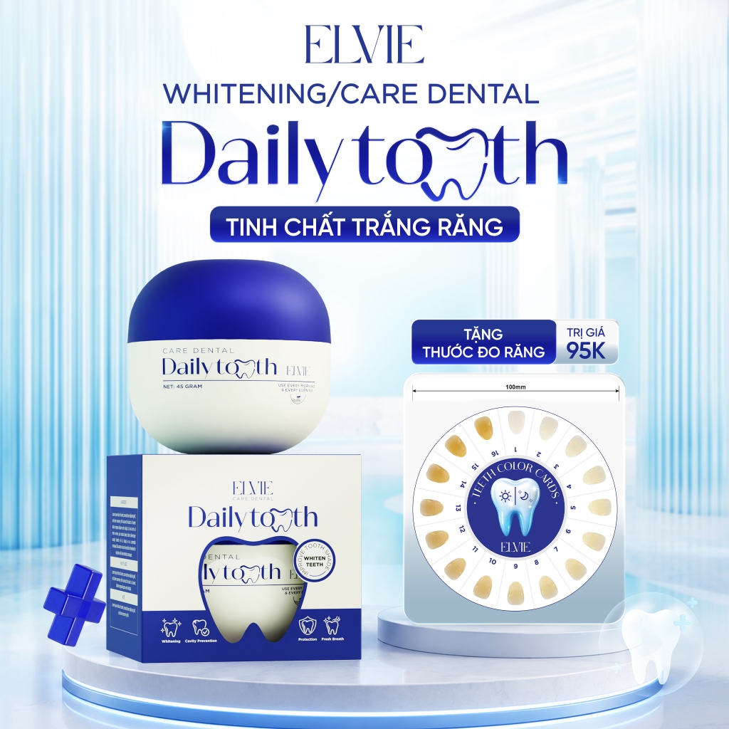 Tinh Chất Trắng Răng Daily Tooth Elvie (55g) - Tặng thước đo răng, hỗ trợ khử vàng, trắng răng, hơi thở thơm mát
