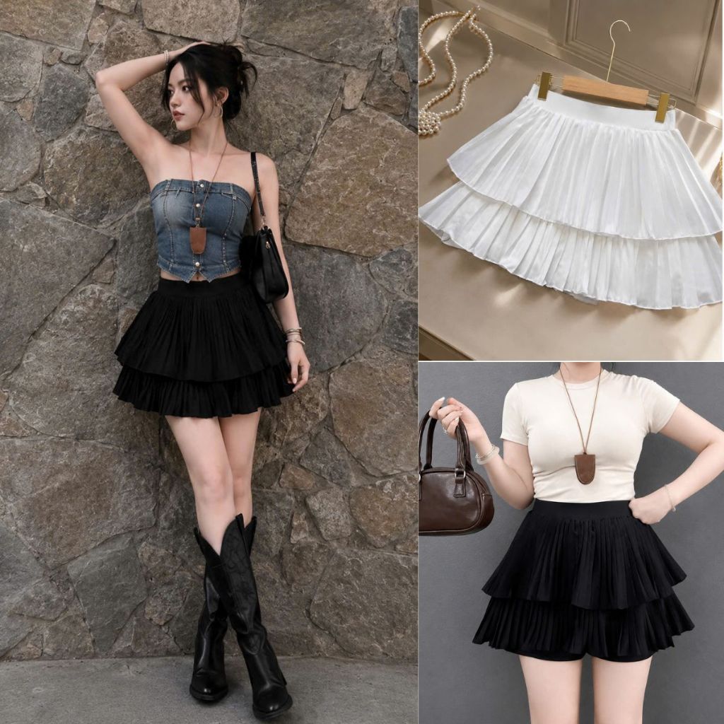 Chân Váy Xếp Ly Bigsize Nữ Dáng Mini Xếp Ly Hai Tầng Có Quần Bảo Hộ Vải Cotton Mềm Mịn CVDL