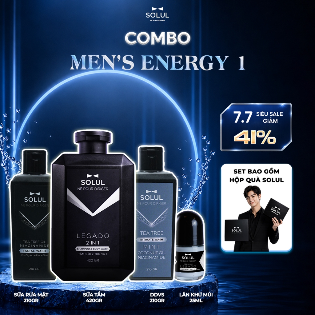 [HỘP QUÀ] SET Men's Energy Solul Dầu gội đầu 2in1 420g+ Sữa rửa mặt +Dung dịch vệ sinh+Lăn khử mùi