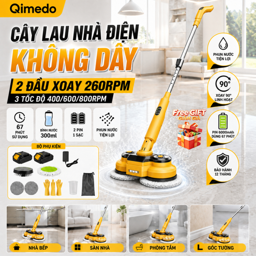 Qimedo Cây lau nhà điện tử/67 phút Đèn Động Cơ Tốc Độ Cao+Lông Bàn Chải Bền Bỉ/Giảm 50% sức lao động