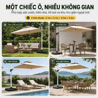 Ô Dù Lệch Tâm Vuông 2.1/2.5m Kaki, Kèm Đế Nước 60L, Che Nắng Mưa Nhẹ, Khung Thép Sân Vườn/Cafe