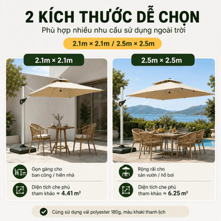 Ô Dù Lệch Tâm Vuông 2.1/2.5m Kaki, Kèm Đế Nước 60L, Che Nắng Mưa Nhẹ, Khung Thép Sân Vườn/Cafe