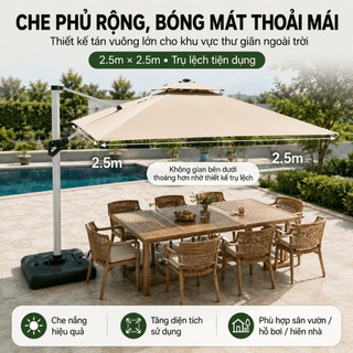 Ô Dù Lệch Tâm Vuông 2.1/2.5m Kaki, Kèm Đế Nước 60L, Che Nắng Mưa Nhẹ, Khung Thép Sân Vườn/Cafe