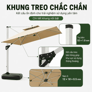 Ô Dù Lệch Tâm Vuông 2.1/2.5m Kaki, Kèm Đế Nước 60L, Che Nắng Mưa Nhẹ, Khung Thép Sân Vườn/Cafe