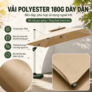 Ô Dù Lệch Tâm Vuông 2.1/2.5m Kaki, Kèm Đế Nước 60L, Che Nắng Mưa Nhẹ, Khung Thép Sân Vườn/Cafe