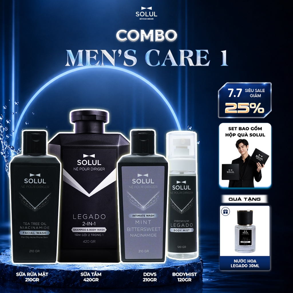 [HỘP QUÀ]Set Men's Care Solul Dầu gội đầu 2in1 420g+Sữa rửa mặt 210g+Dung dịch vệ sinh+BodyMist