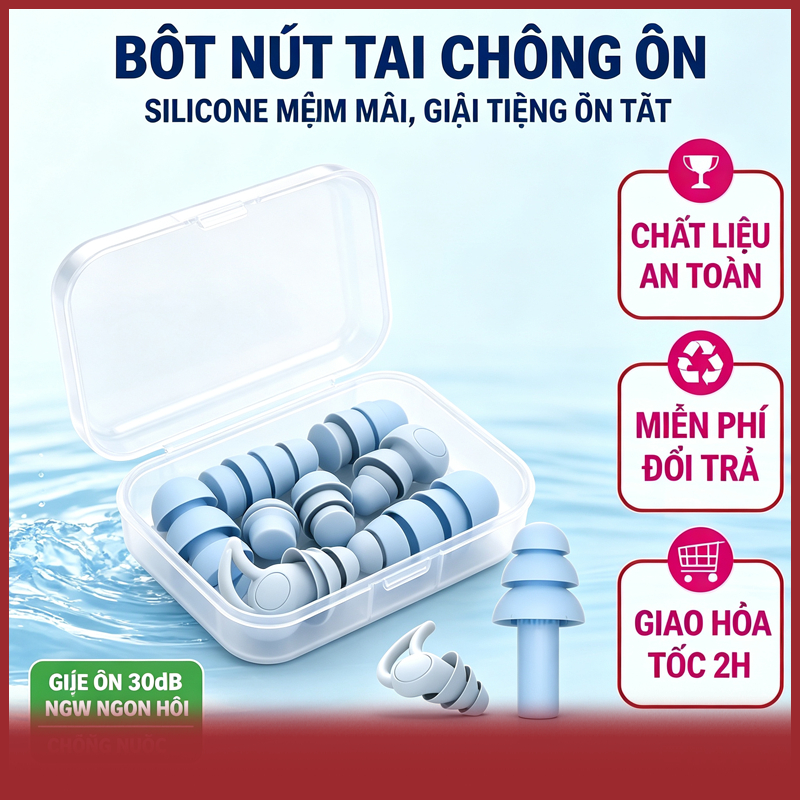 Nút Bịt Tai Chống Ồn Cách Âm Khi Ngủ Silicon Mềm Mại 3 Lớp Loại Bỏ 90% Tiếng Ồn Bảo Vệ Tai Cao Cấp [Có Hộp]