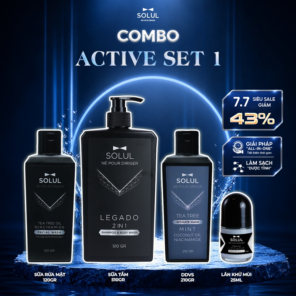 [Active Solul] Dầu gội đầu nam 2in1 510g+ Sữa rửa mặt 210g + Dung dịch vệ sinh 210g + Lăn khử mùi