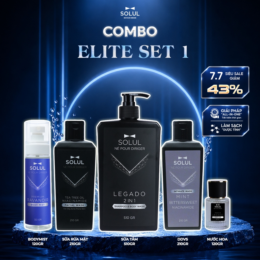[Set Elite] Solul Sữa Tắm Gội 2in1 510g+Sữa rửa mặt 210g+Dung dịch vệ sinh 210g+Body Mist Nước hoa
