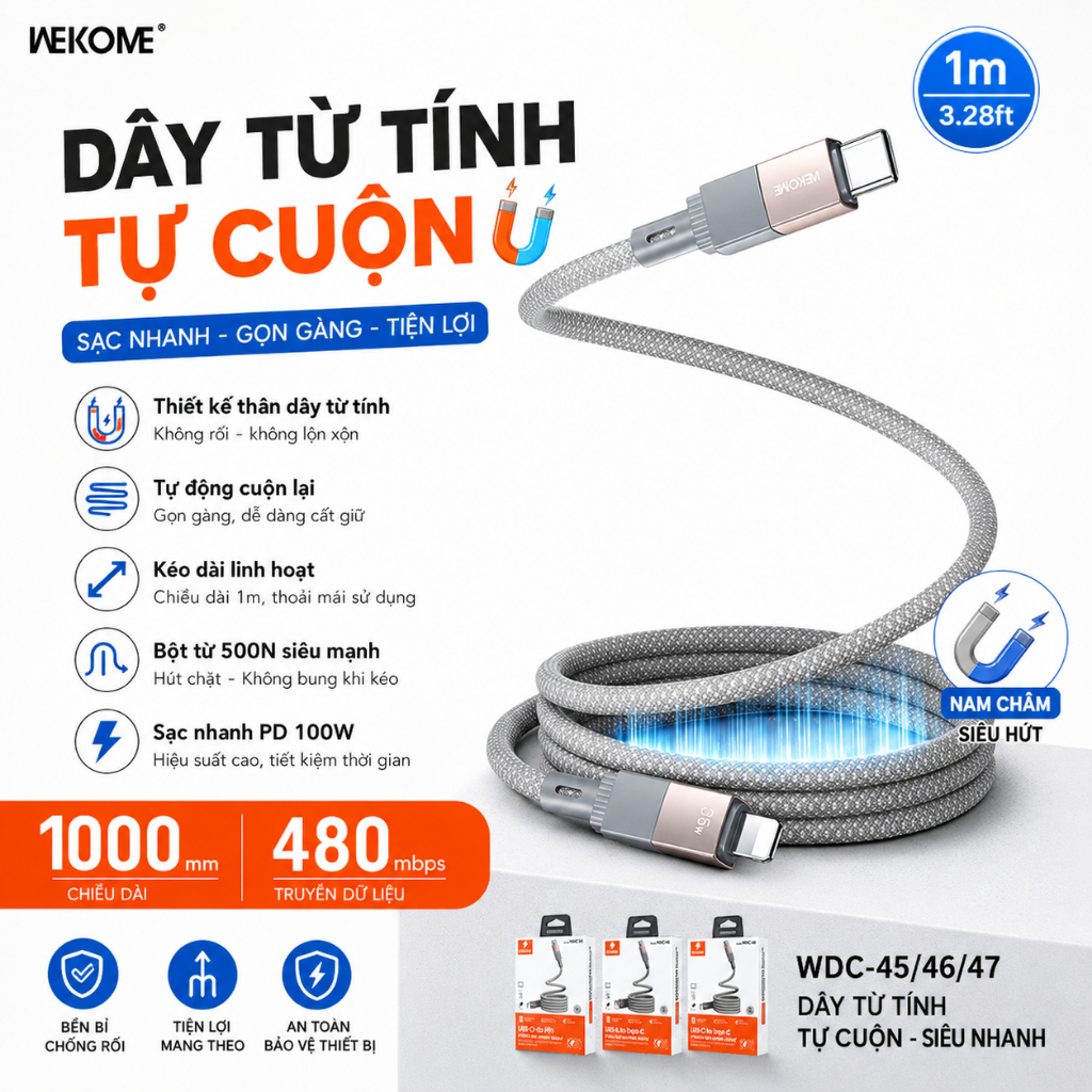 Dây cáp sạc nhanh nam châm tự động cuộn tròn - Hãng Wekome - Công suất 27/65W PD - Bảo hành 6 tháng