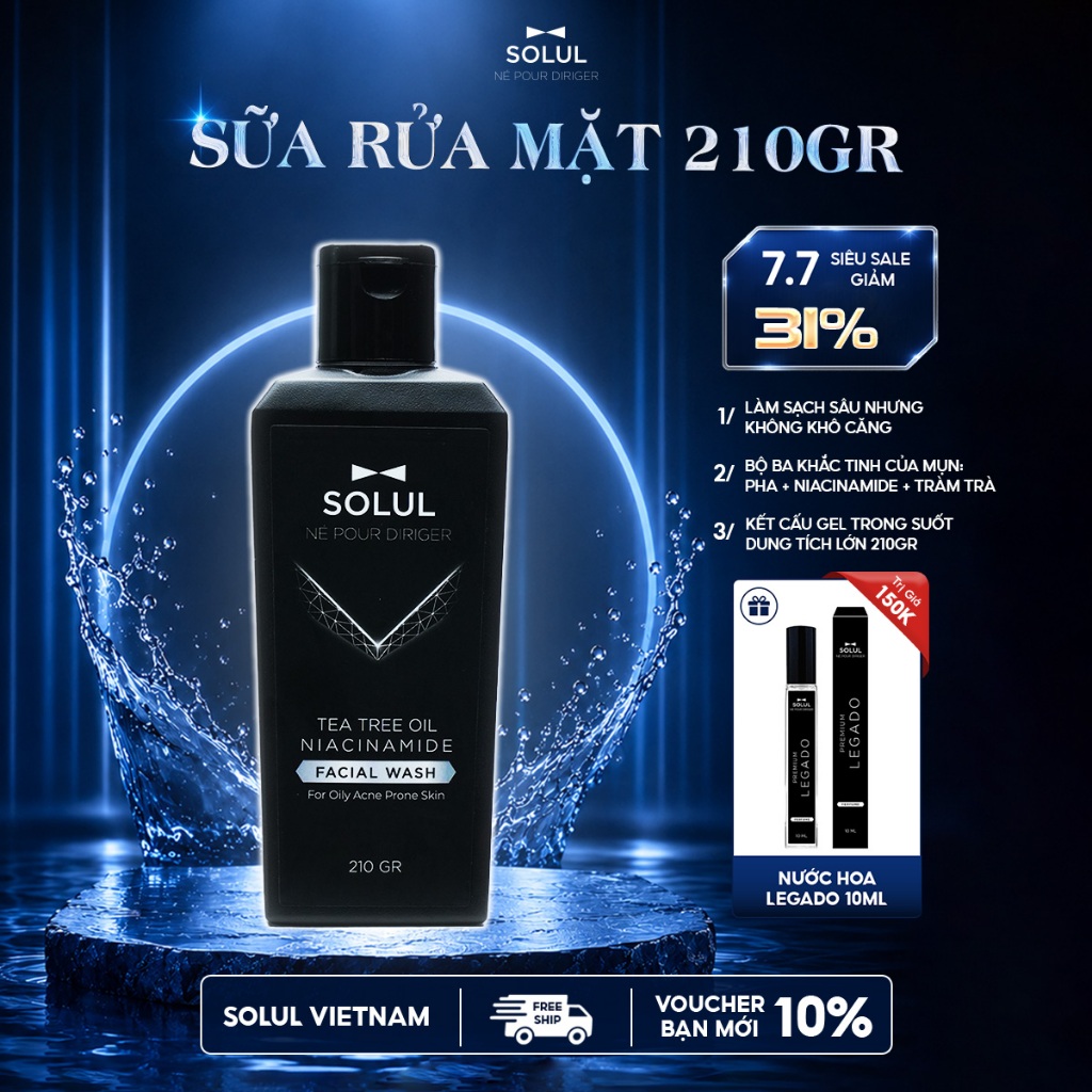 Sữa Rửa Mặt Cho Nam SOLUL Niacinamide 210gr – Kiểm Soát Dầu, Làm Sạch Sâu, Hỗ Trợ Ngừa Mụn