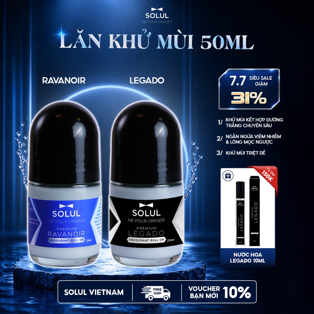 Lăn Khử Mùi Nam SOLUL 50ml dưỡng ẩm kiểm soát mồ hôi, Không Ô Vàng Áo,Hương Thơm Lịch Lãm