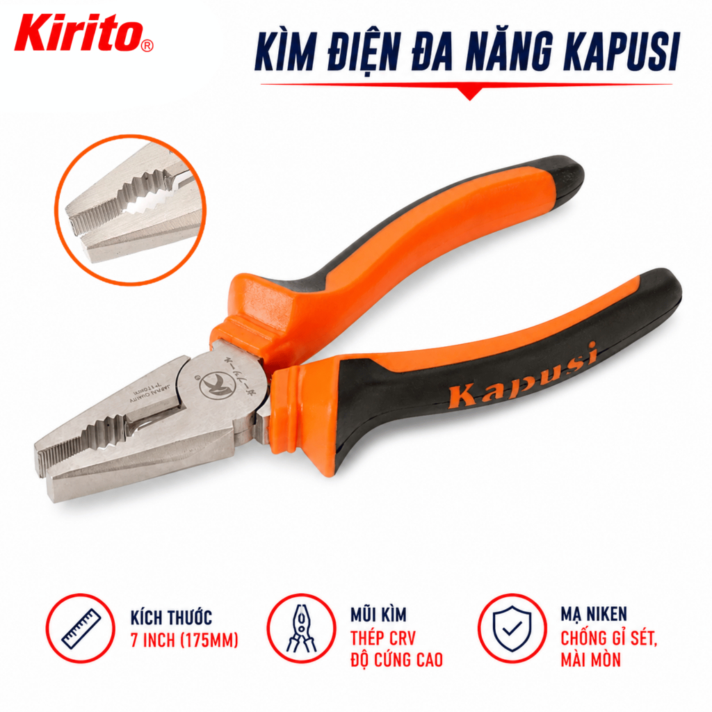 Kìm Điện Kapusi Japan 7 Inch K8022 Chính Hãng, Thép CR-V Mạ Niken Chống Gỉ, Kìm Điện Chịu Lực