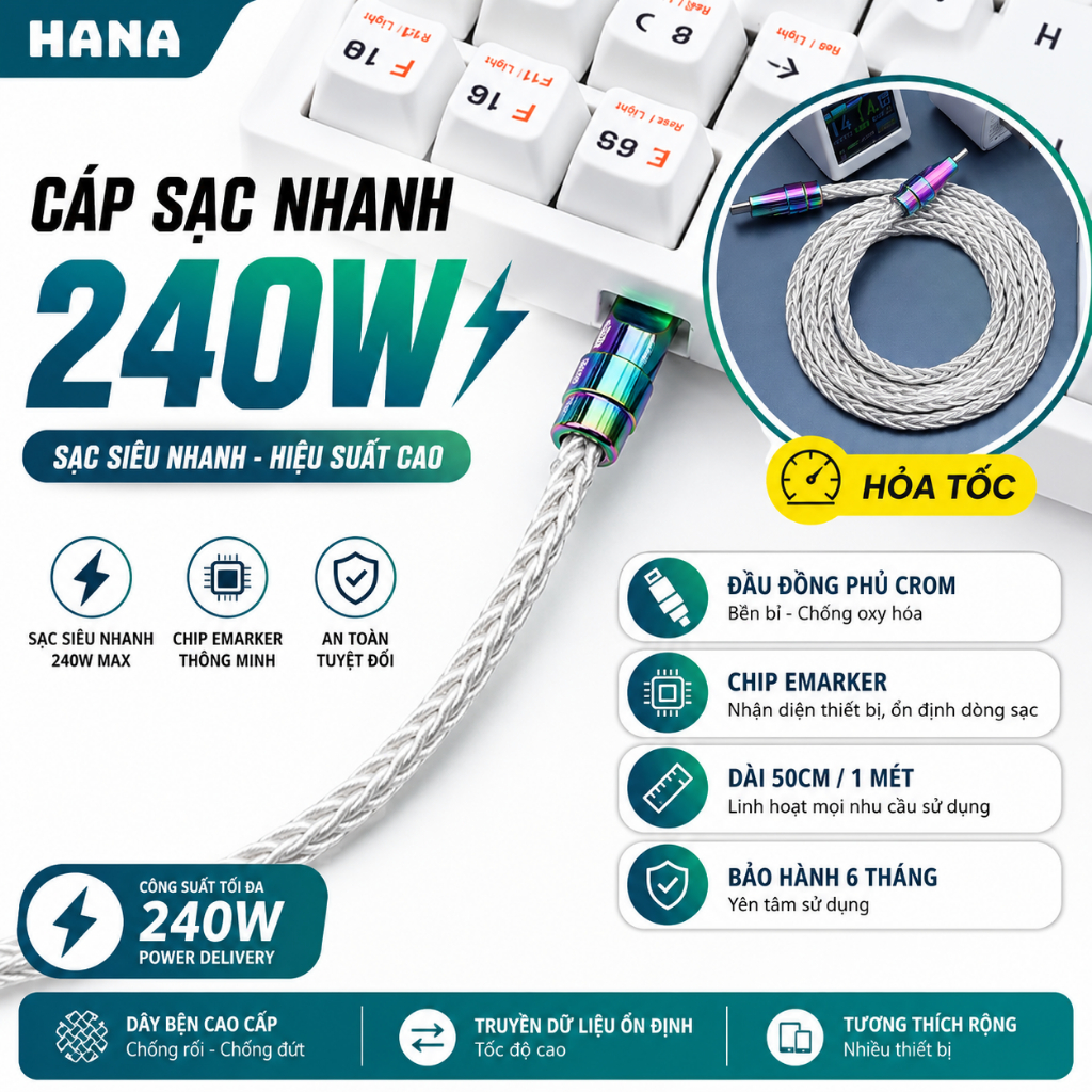 Cáp Sạc Nhanh Type C 240W 5A - Có Chip E-Marker - 8 Lõi Đồng Đơn Tinh - Bện Bền Bỉ - CarPlay - Bảo Hành 6 Tháng