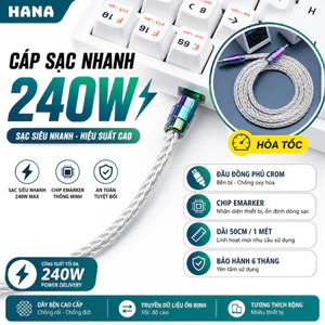 Cáp Sạc Nhanh Type C 240W 5A - Có Chip E-Marker - 8 Lõi Đồng Đơn Tinh - Bện Bền Bỉ - CarPlay - Bảo Hành 6 Tháng