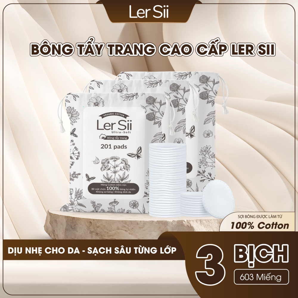 [ COMBO 3 BỊCH ] Bông Tẩy Trang LerSii 100% Cotton Tự Nhiên - Chăm Sóc Da Tinh Tế Nhẹ Nhàng