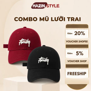 COMBO 2 Mũ lưỡi trai HAZIN thêu hình basic form cứng, vải kaki cao cấp, thời trang unisex phong cách Hàn Quốc