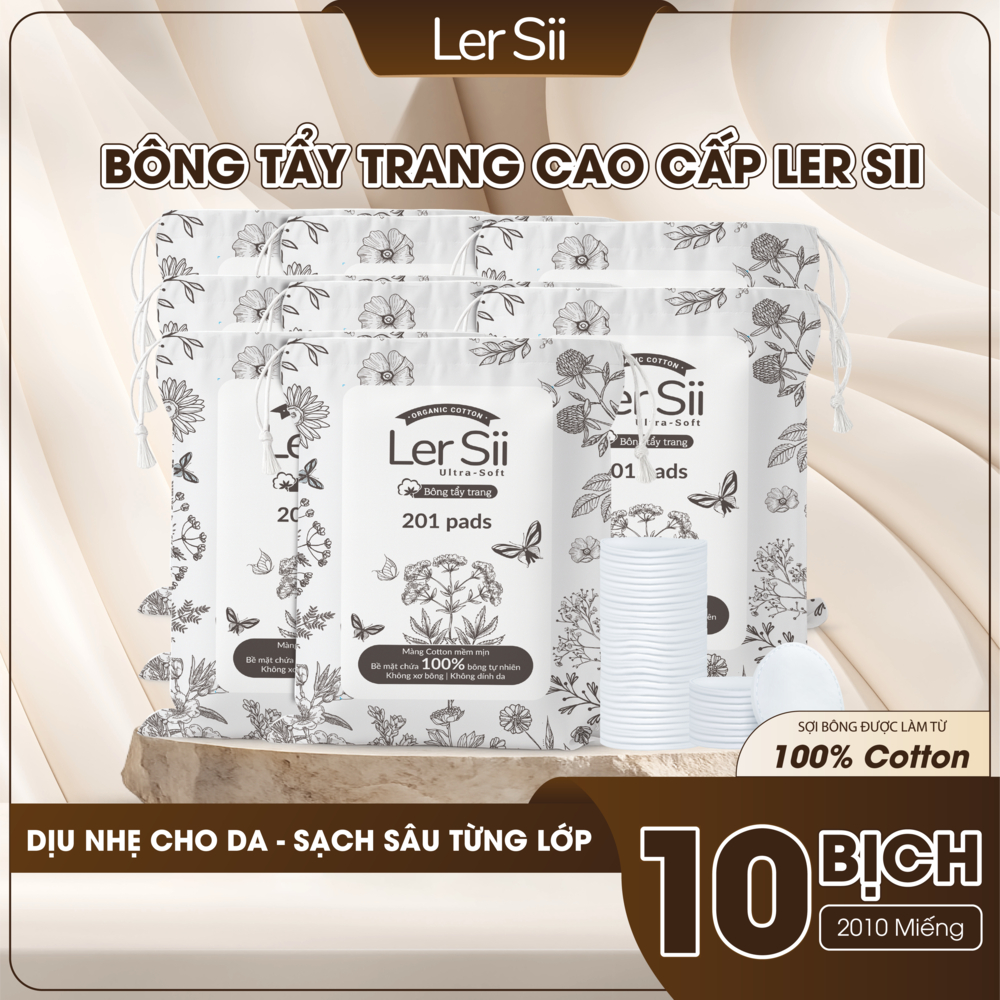 [THÙNG 10 GÓI] Bông Tẩy Trang LerSii 201 Miếng 100% Cotton Tự Nhiên – Chăm Sóc Da Tinh Tế, Nhẹ Nhàng