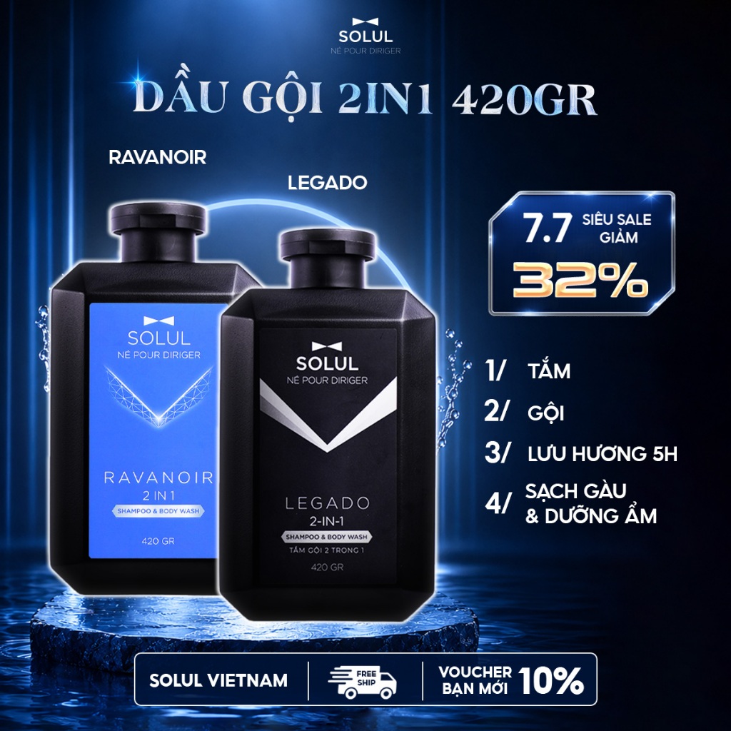 Sữa tắm gội nam hương nước hoa 2in1 SOLUL 420 gr, Giảm gàu, tính giữ ẩm tự nhiên, nam tính.