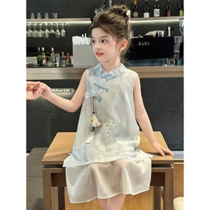 Váy bé gái cổ tàu cách điệu thêu hoa, đầm dáng suông thanh lịch diện Trung Thu, sinh nhật và lễ hội