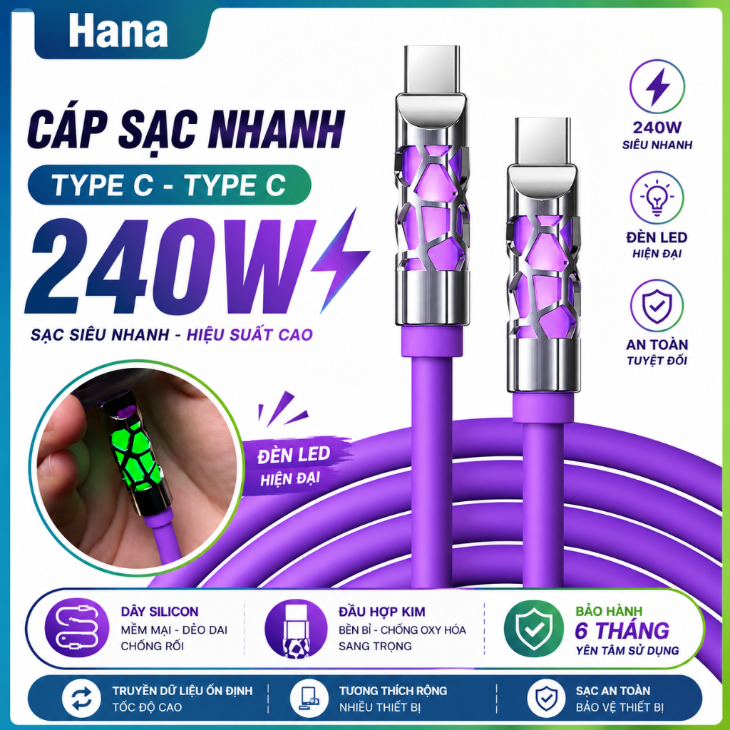 Dây Cáp Sạc Nhanh Type C 240W - Có đèn thay đổi màu - Có chip E-Marker - Dây silicon mềm - Decor dẹp