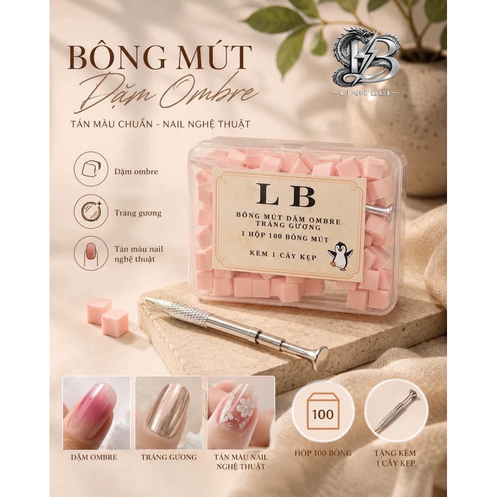 Bông Mút Dặm Ombre Nail – Hộp 100 Bông Kèm Cây Kẹp | Mút Tán Ombre & Tráng Gương Nail Linh Bùi