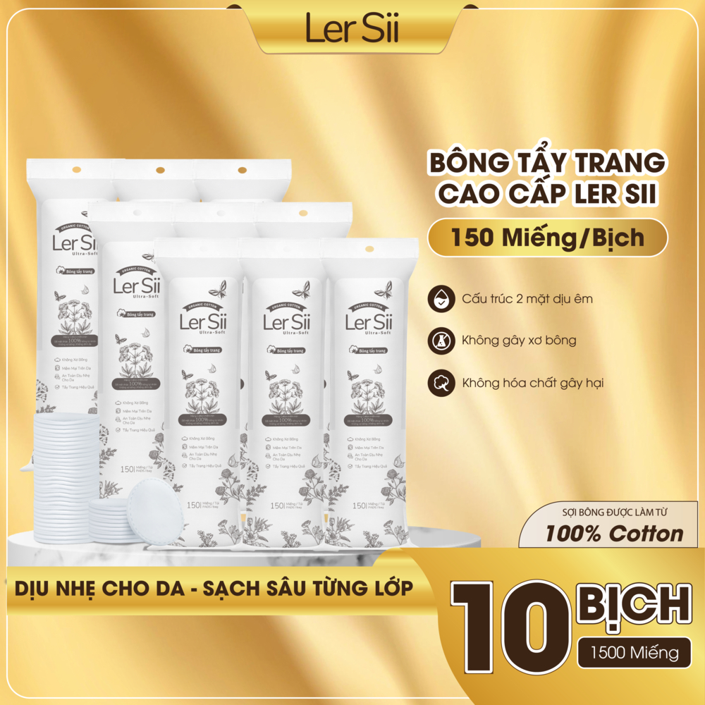 [COMBO 10 GÓI] Bông Tẩy Trang LerSii 150 Miếng 100% Cotton Tự Nhiên – Chăm Sóc Da Tinh Tế, Nhẹ Nhàng
