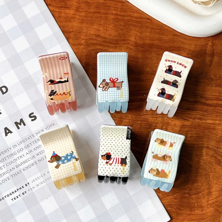 Kẹp càng cua vuông 5 răng HONEY họa tiết chó lạp xưởng đáng yêu - Kẹp tóc nữ nhựa bóng cao cấp