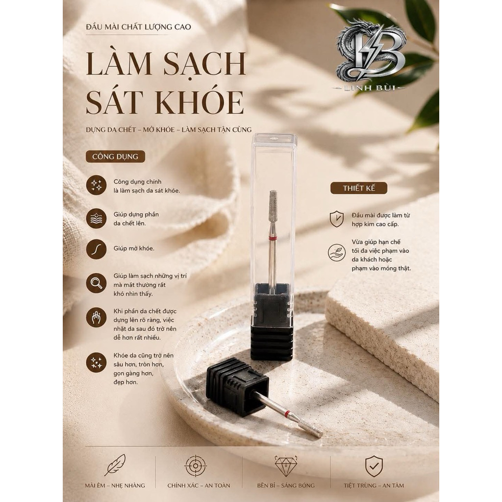 Đầu mài trụ da ẩn mài sạch sát khóe da.