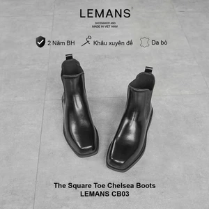 Giày Mũi Vuông The Square Toe Chelsea Boots LEMANS màu đen CB03.1 - Da Bò - Đế cao su 4cm, BH 24T