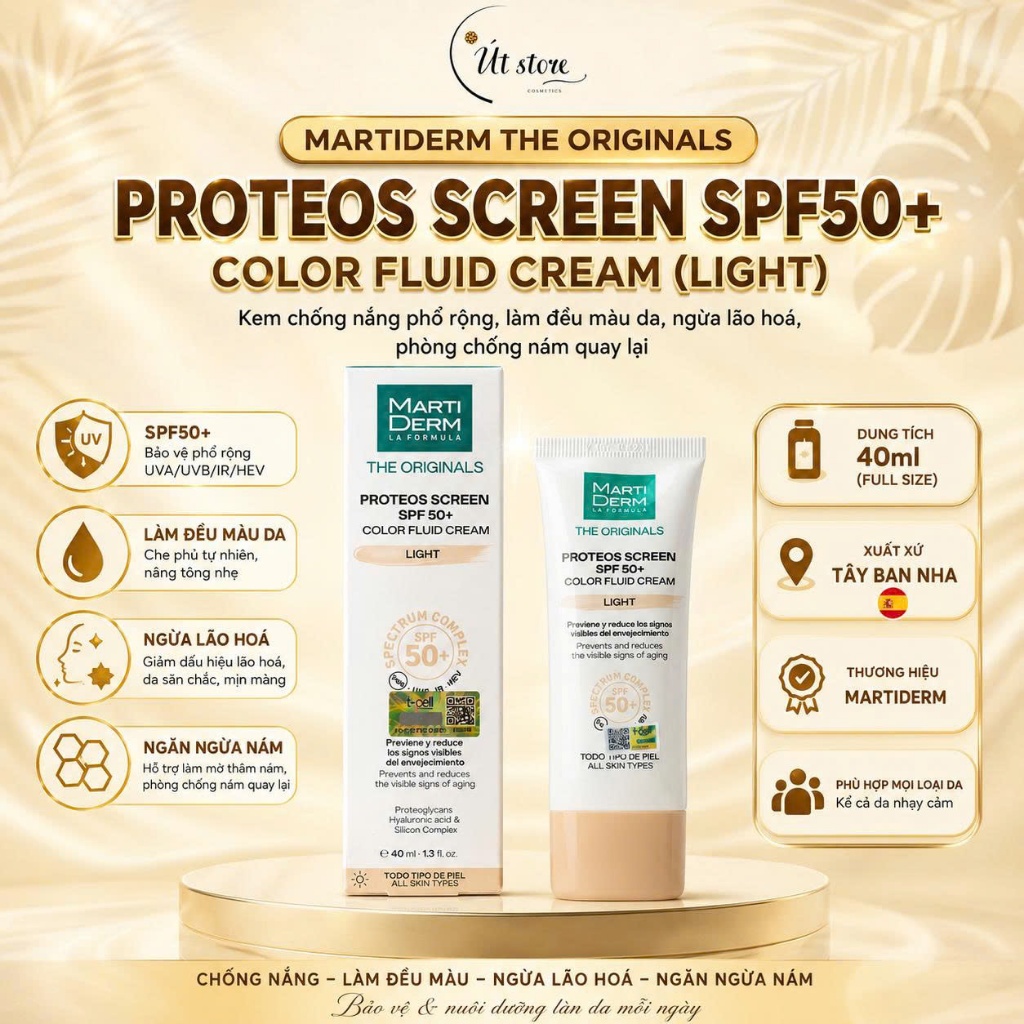 Kem Chống Nắng Đều Màu Da MartiDerm The Originals Proteos Screen SPF50+ Color Fluid Cream Light 40ml
