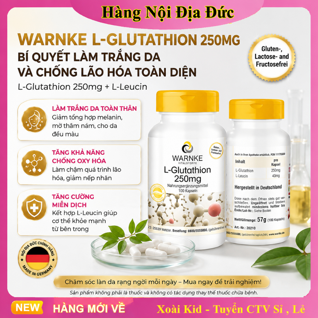 NỘI ĐỊA ĐỨC] Viên uống trắng da Warnke L-Glutathione 500mg, giúp làm trắng da, ngừa nám nâng tông toàn cơ thể, 100v