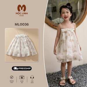 Đầm bé gái hai dây đính hoa 2 màu nâu & hồng, vải voan ,từ 9-37kg