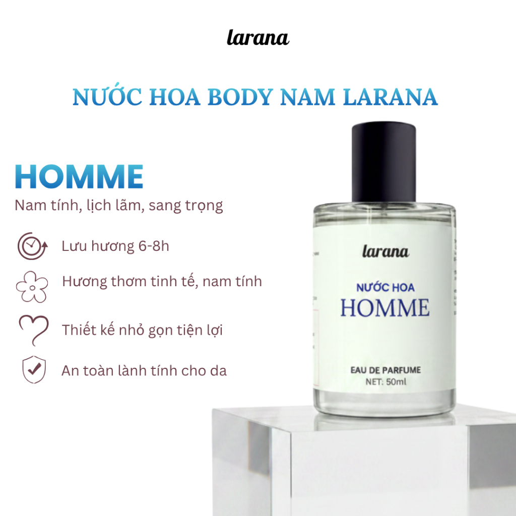 Nước hoa nam Homme Thương hiệu Larana nam tính sang trọng tinh tế cuốn hút dung tích 10ml/50ml