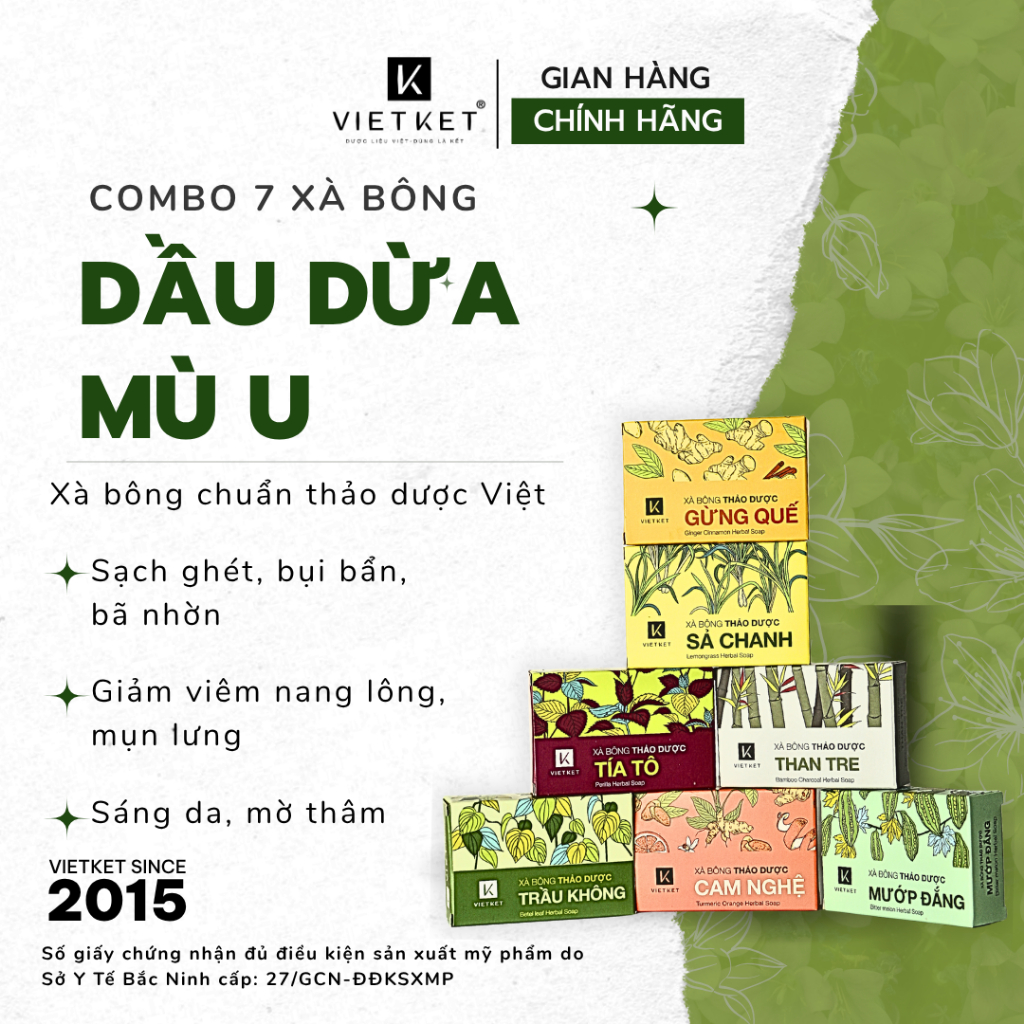 Combo 7 Xà Bông Tắm Dầu Dừa, Mù U VIETKET 100g Giúp Sạch Ghét, Sáng Da, Giảm Mụn, Mờ Thâm, Dưỡng Ẩm, Không Nhờn Rít